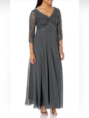 NWT J Kara Charcoal Grey Beaded 3/4 Sleeve Evening Formal Dress, 12P